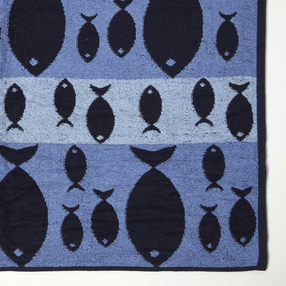 image 1 of Homescapes Blue Fish Recycled Cotton Beach Towel | Blue