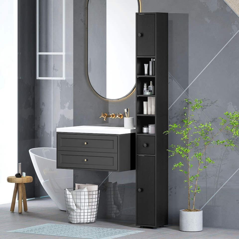 image 1 of kleankin Slim Bathroom Cabinet, Toilet Roll Storage w/ Open Shelves, Black | Black | 20W x 20D x 180H cm