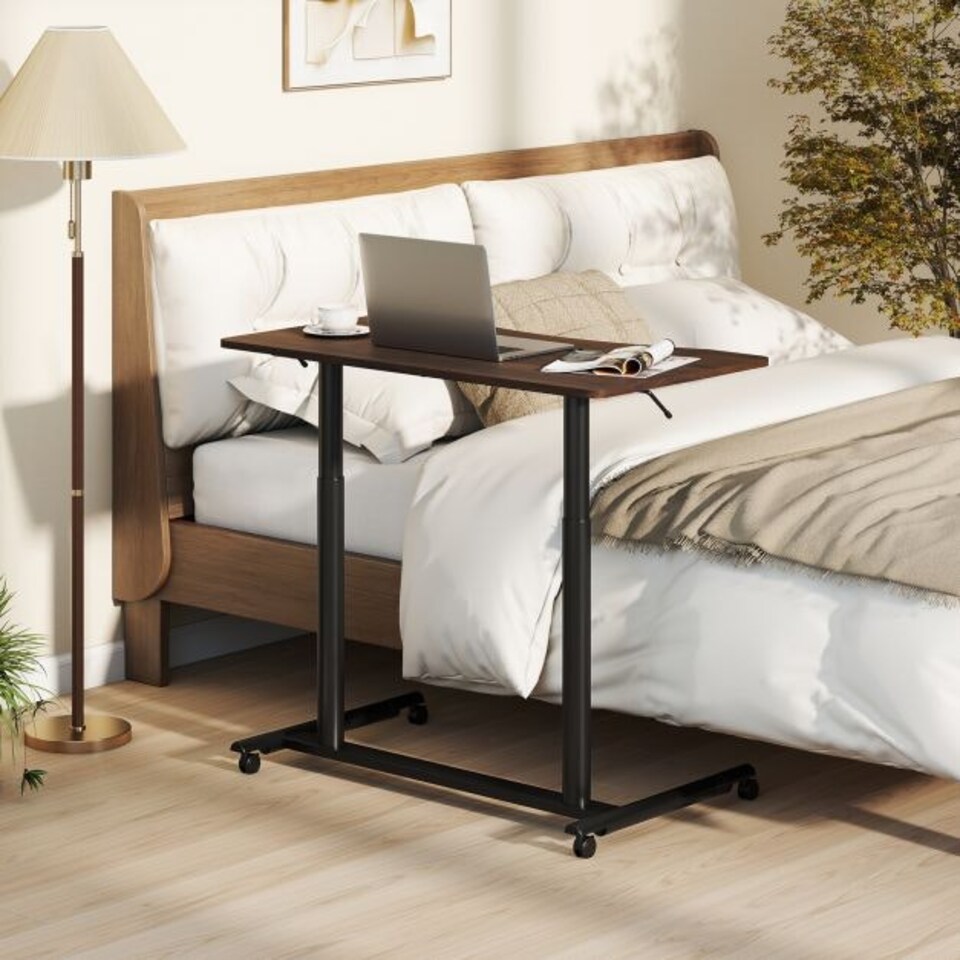 image 1 of COSTWAY Adjustable Height C-Shaped Mobile Standing Desk Brown Brown