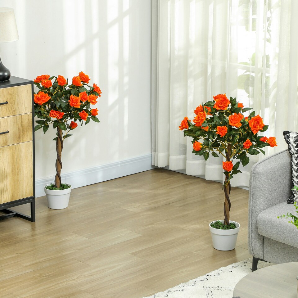 image 1 of Outsunny Set of 2 90cm Artificial Rose Tree, Fake Decorative Plant, Orange