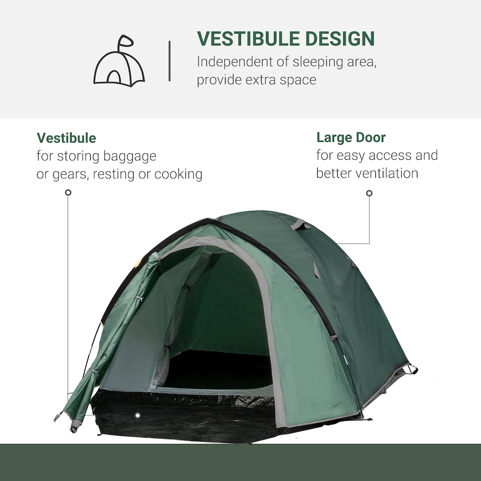 image 1 of Outsunny Compact Camping Tent with Vestibule & Mesh Vents for Hiking Green