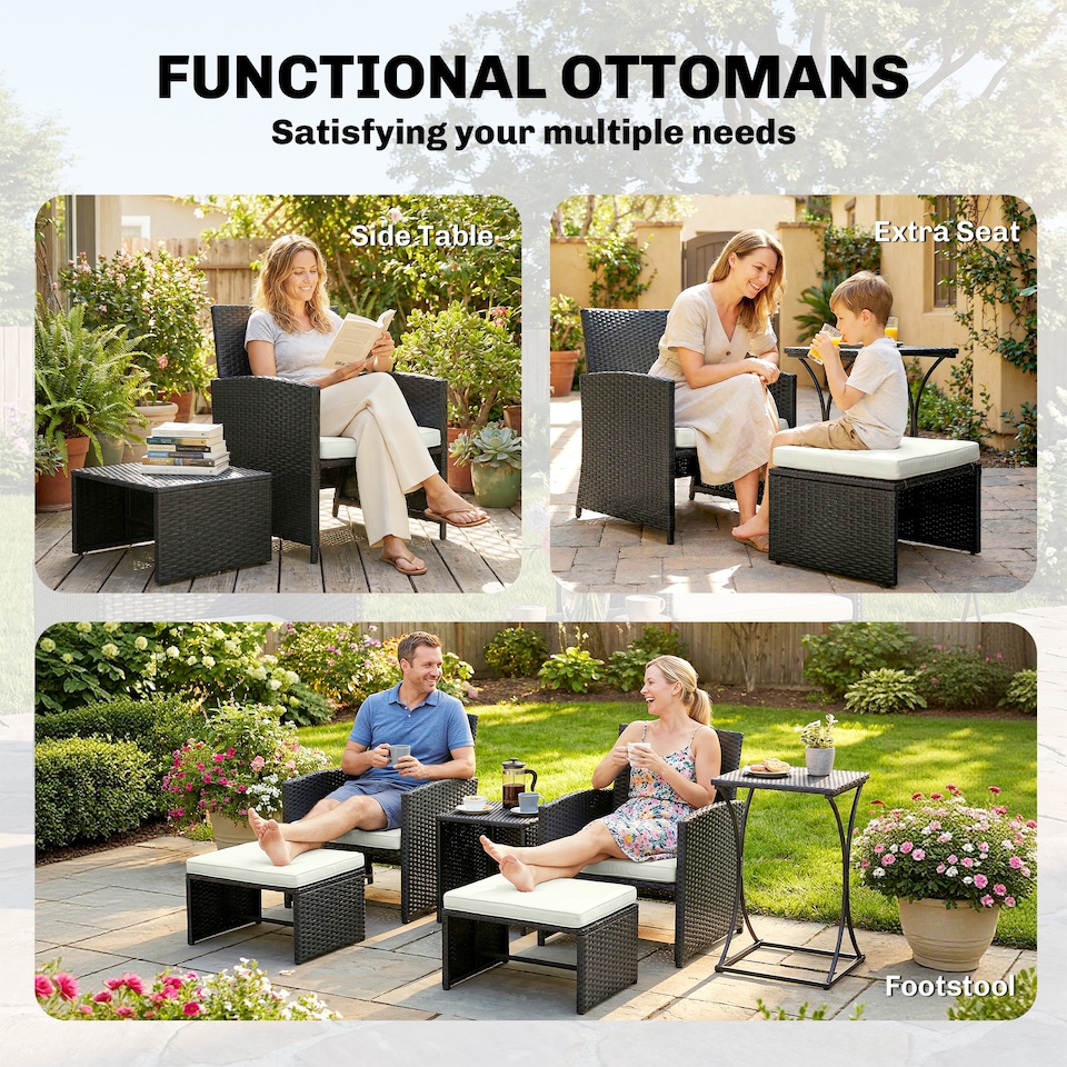 image 1 of Outsunny 6 Piece Rattan Garden Furniture Set with Nesting Tables, Black | Black | Black with cream white cushions | Not provided