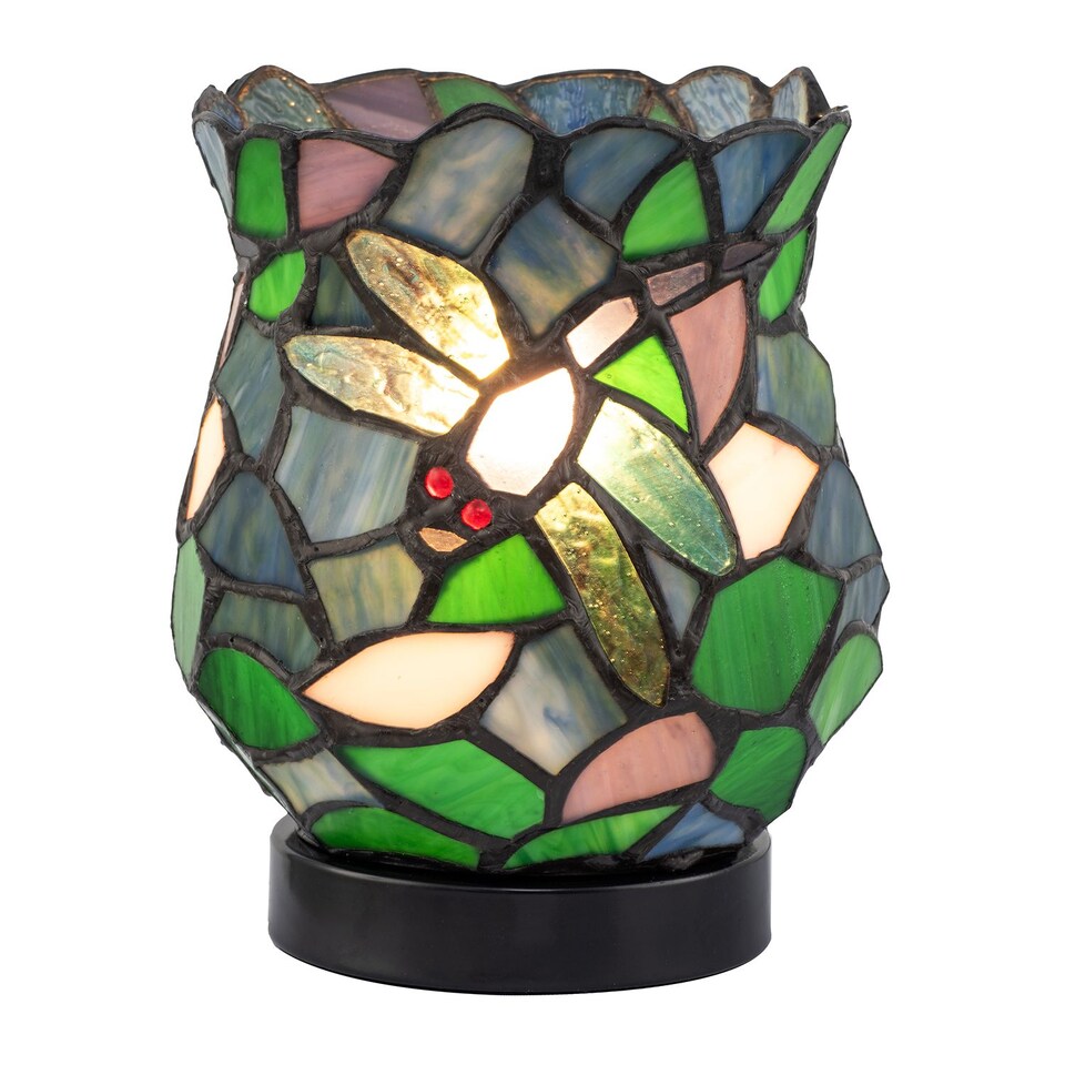 image 1 of Dragonfly Themed Open Top Blue and Green Stained Glass Tiffany Lamp