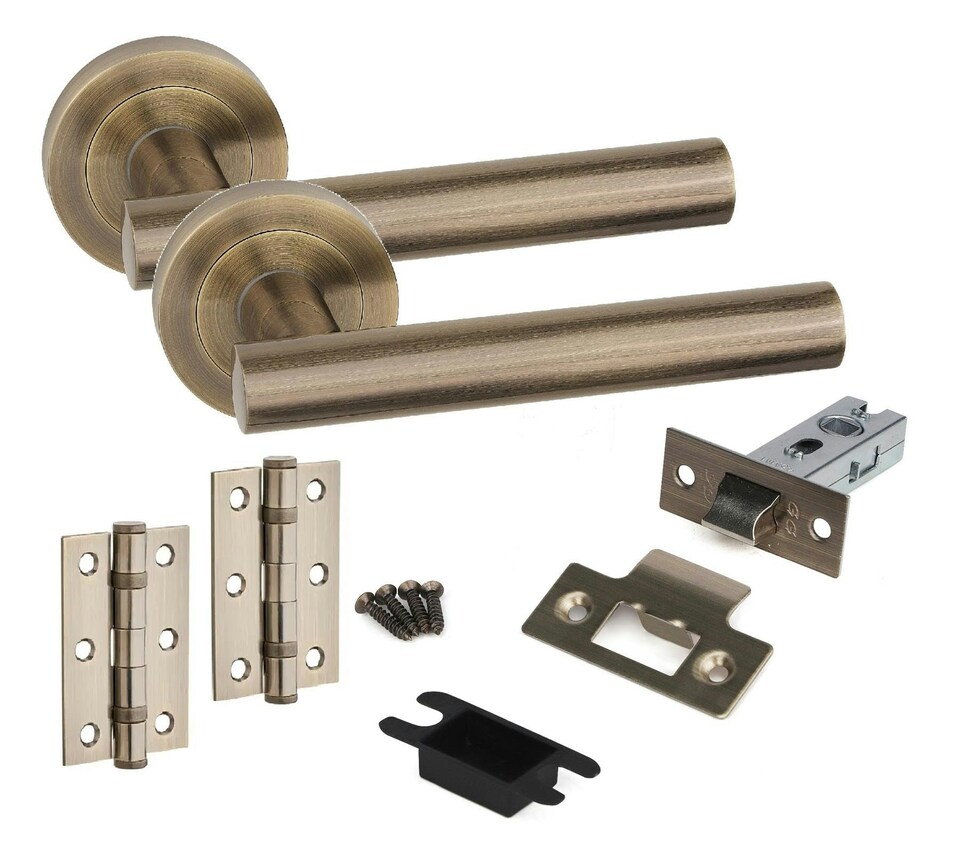 image 1 of Golden Grace 1 Set Straight T-Bar Design Door Handles in Antique Brass Finish with Tubular Latch and 1 Pair of 3" Ball Bearing Hinges | Gold | 1 Set