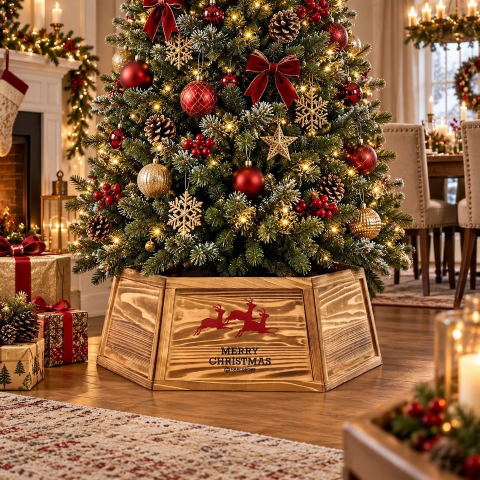 image 1 of 31.5 inch Hexagon Wooden Christmas Tree Collar with Burnt Finish for Festive Tree Stands