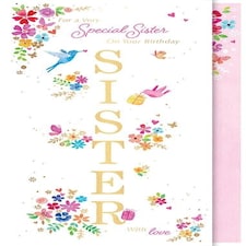 Words 'n' Wishes Tall Birthday Greeting Card - Special Sister - Gorgeous Floral Design - Gold Foil Finish