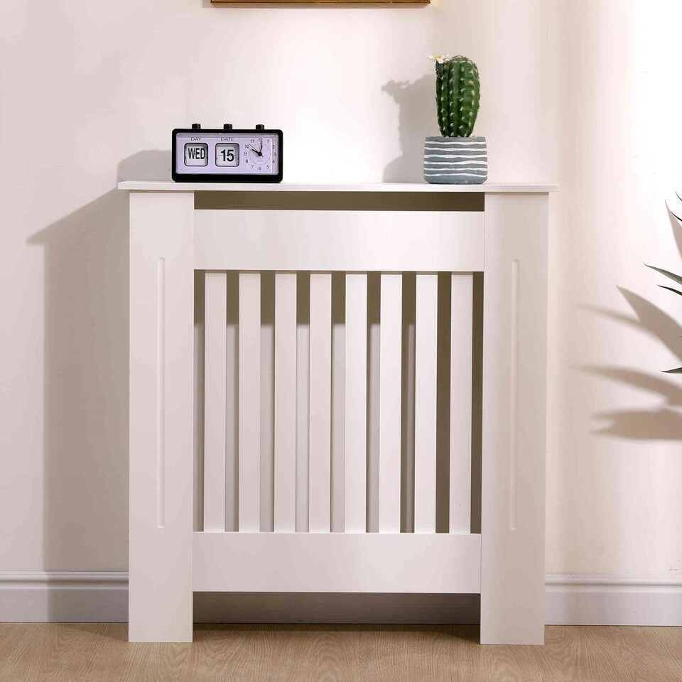 image 1 of Oypla Small White Wooden Slatted Grill Radiator Cover MDF Cabinet