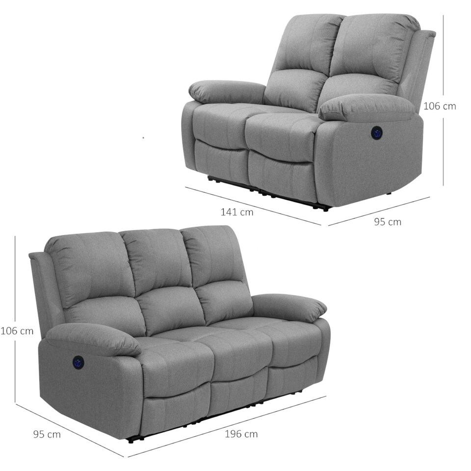 image 1 of Electric Recliner Fabric Sofa Set With 2-Seater And 3-Seater Sofa In Light Grey