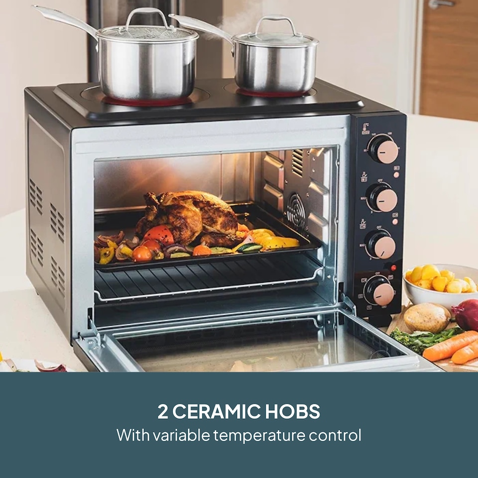 image 1 of Cooks Professional 48L Mini Portable Oven with 2 Ceramic Hobs - Electric Portable Countertop Cooker | Black | Black & Copper