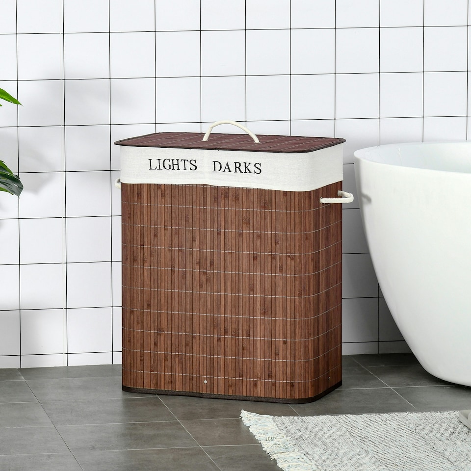 image 1 of HOMCOM 2 Section Collapsible Laundry Hamper Lid Removable Lining, Brown