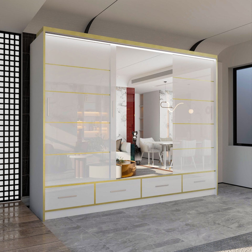image 1 of Sliding Wardrobes 4U Sydney High Gloss Sliding Wardrobe with Mirror, LED & Drawers - 203cm or 253cm | White | White203 | 253cm
