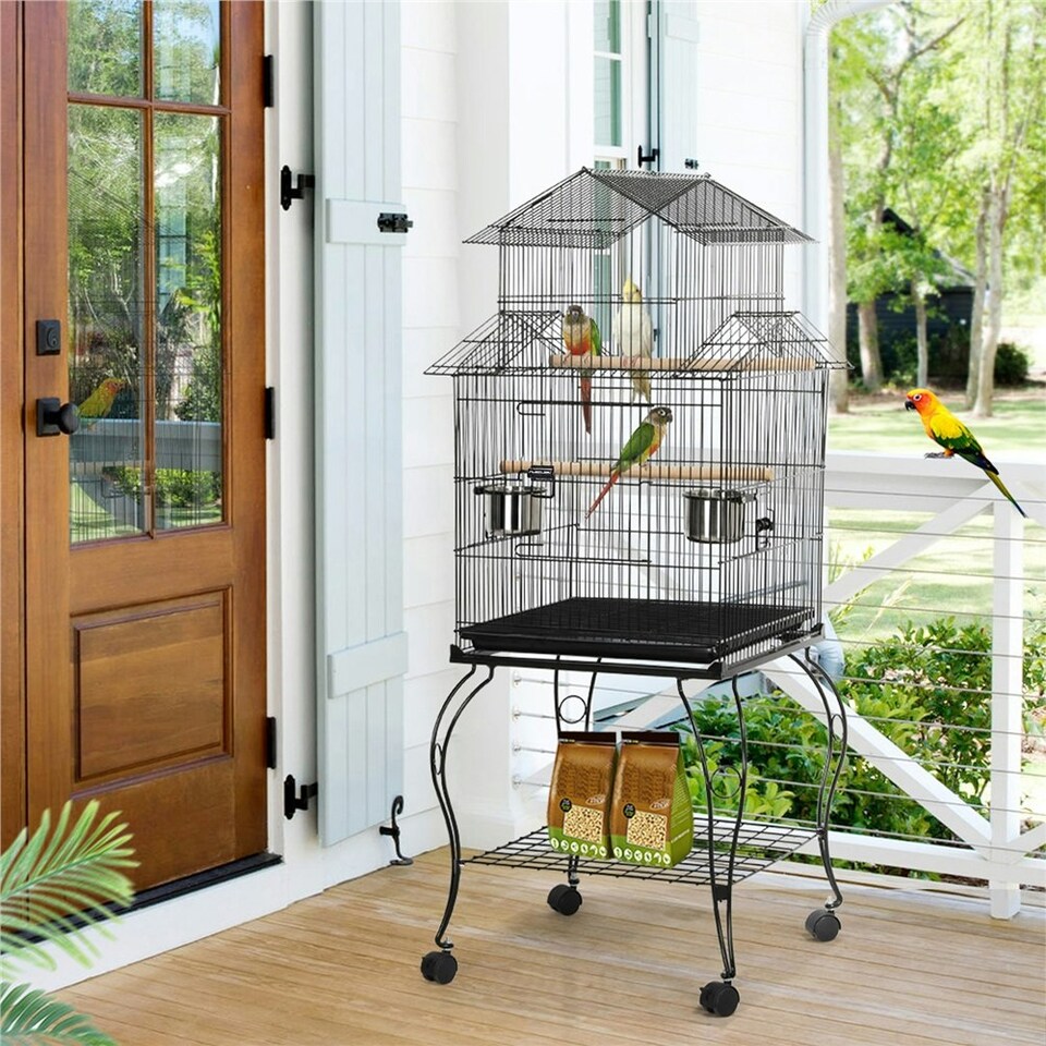 image 1 of Yaheetech 140 cm Tall Triple Roof Rolling Bird Cage with Detachable Stand Black
