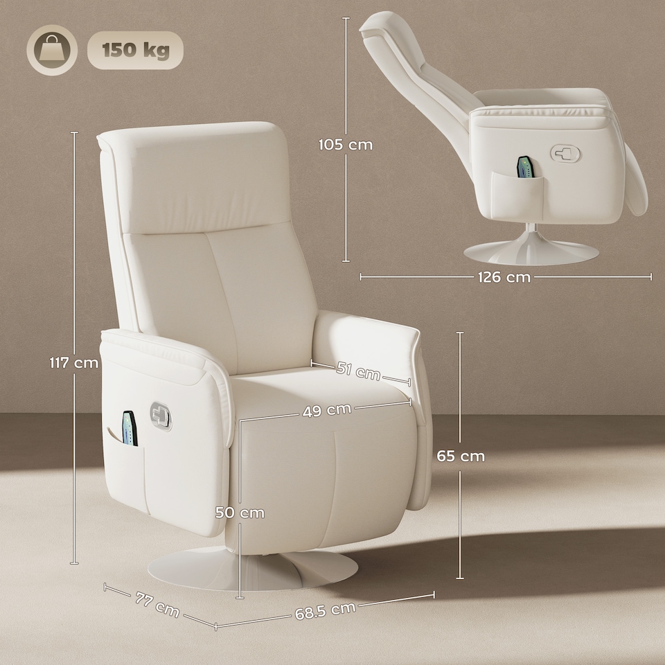 image 1 of HOMCOM Massage Recliner Chair with Footstool, Upholstered Reclining Armchair with Adjustable Backrest and Steel Frame, Breathable Linen Fabric Swivel Chair for Living Room, Bedroom, Cream White | Cream | Cream