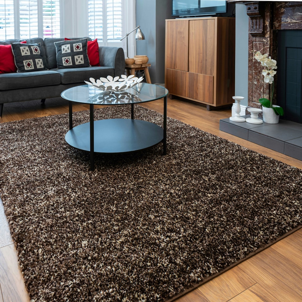 image 1 of KUKOON Chocolate Brown Mottled Shaggy Living Room Area Rug 80cm x 150cm Brown