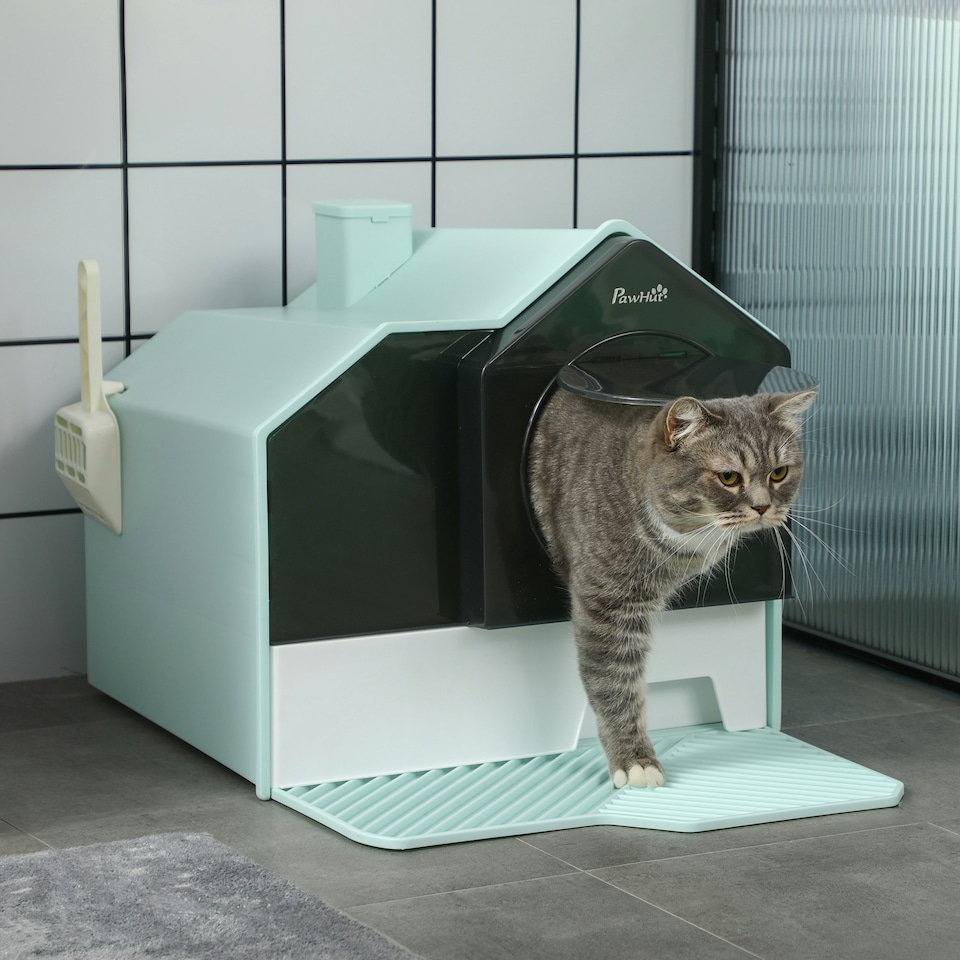 image 1 of PawHut Hooded Cat Litter Tray w/ Scoop, Drawer Pan Handle Deodorants Light Blue