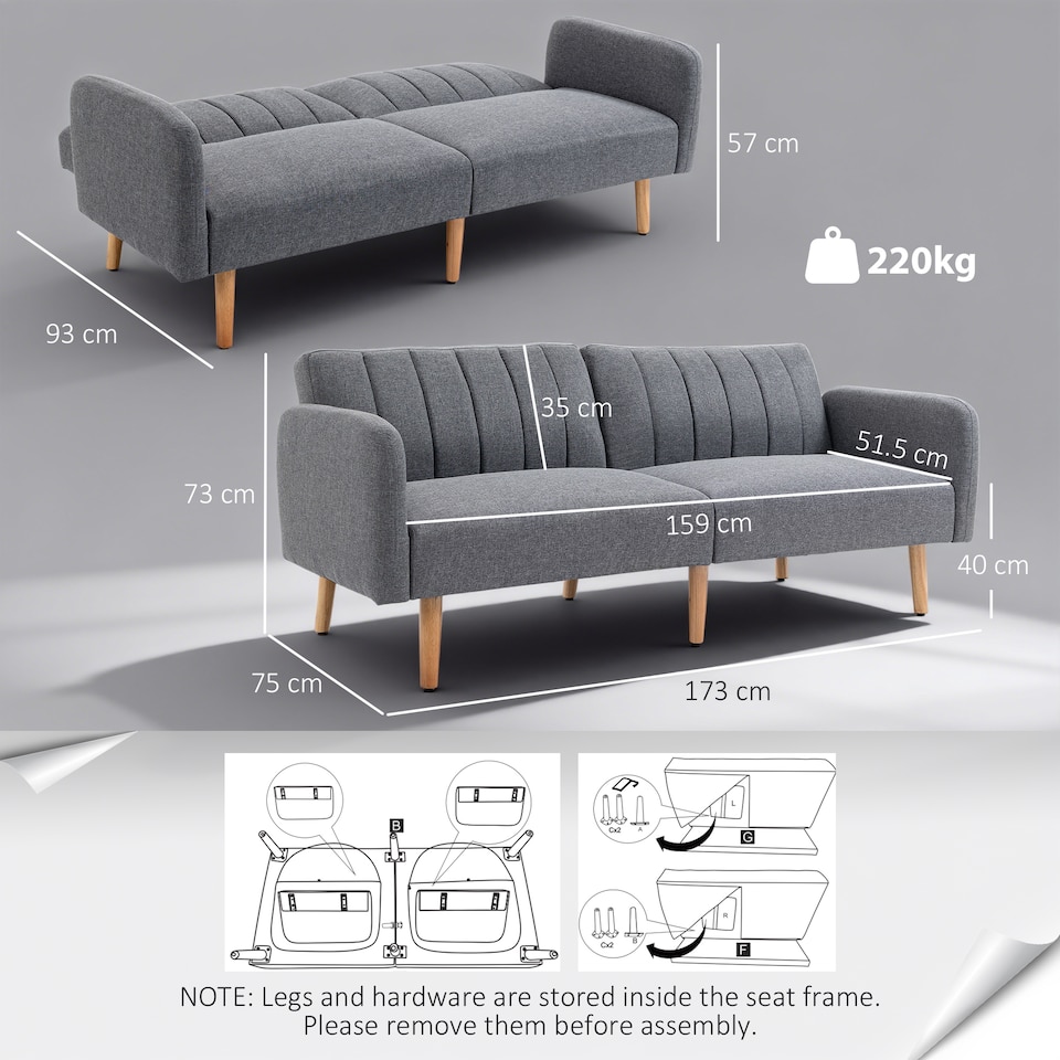 image 1 of HOMCOM 3 Seater Sofa Bed, Convertible Linen Fabric Sofa Couch, Click Clack Sofabed with Adjustable Split Backrest for Living Room, Bedroom, Guest Room, Grey