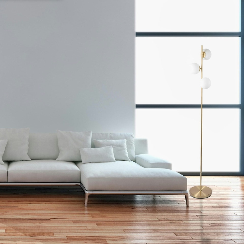 image 1 of First Choice Lighting Pair of Satin Brass Floor Lamps with Opal Globe Shades Bronze