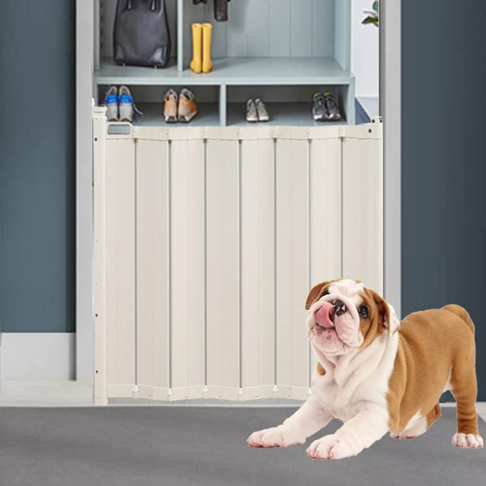 image 1 of Bettacare Automatic Folding Retractable Dog Gate, 55cm - 113.5cm, White, Folding Stair Gate for Pets, Retractable Dog Safety Gate | White