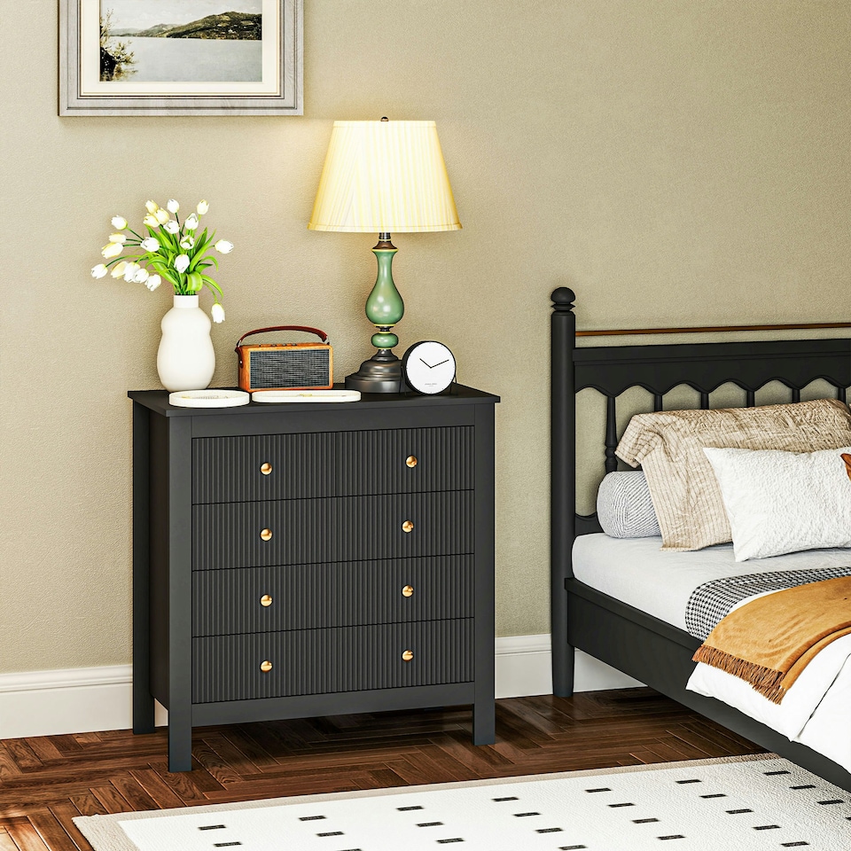 image 1 of HOMCOM Fluted Bedroom Chest of Drawers w/ 5 Drawers Gold Tone Handles Black