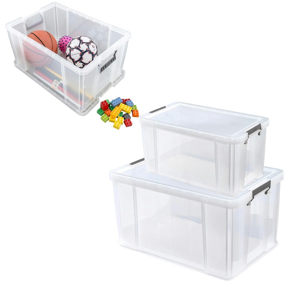 image 1 of 2 x Large Clear Stackable Nestable 24 Litre Storage Containers With Clip Locked Lids & Strong Handles Clear