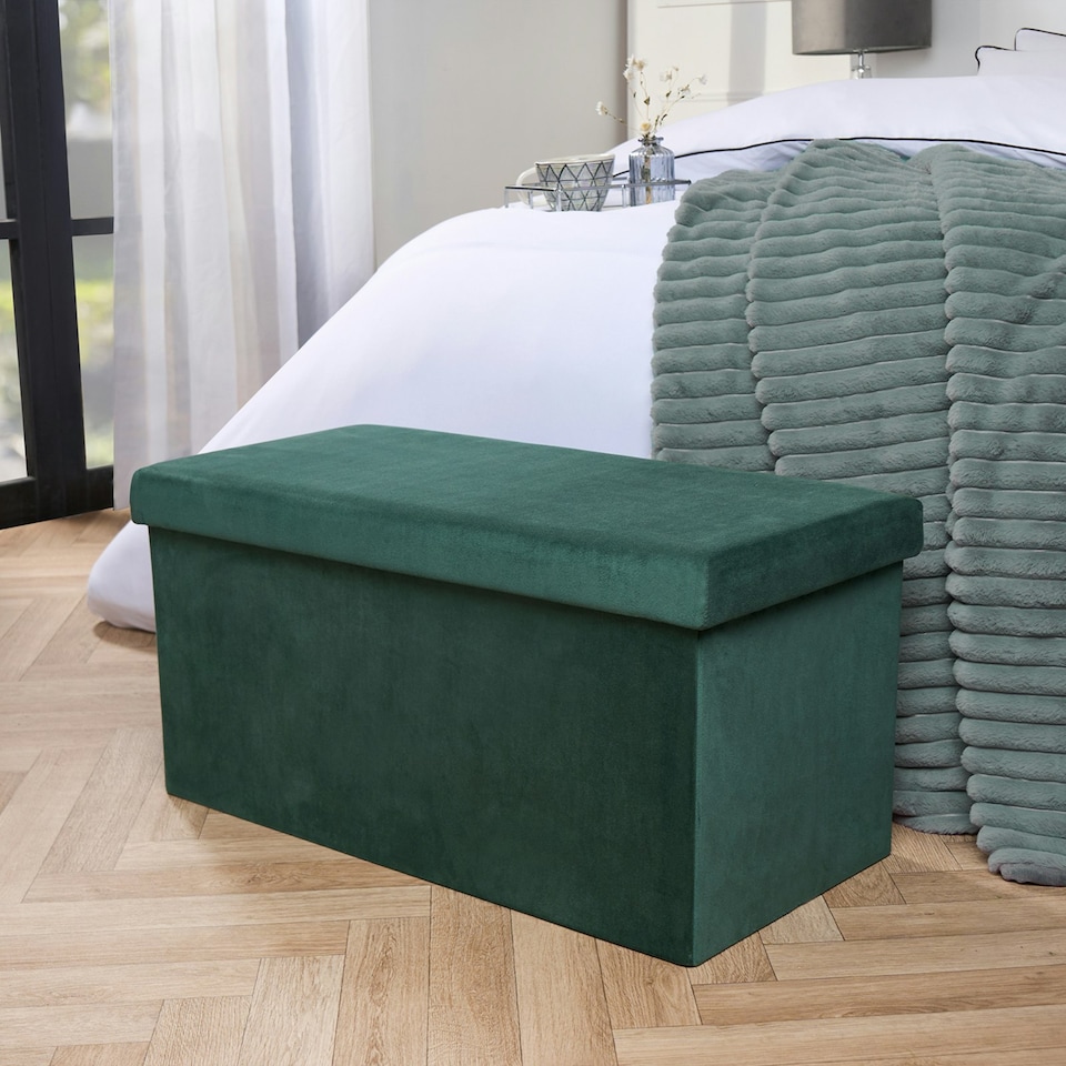 image 1 of OHS Matte Velvet Soft Long Rectangle Foldable Footstool Seat Storage Organiser Ottoman Green | Forest Green