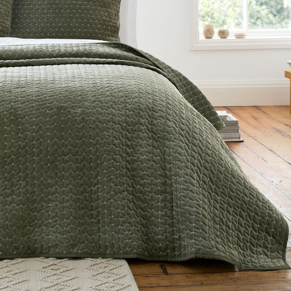 image 1 of Bianca Attica Velvet Embroidered Bedspread | Green | One Size