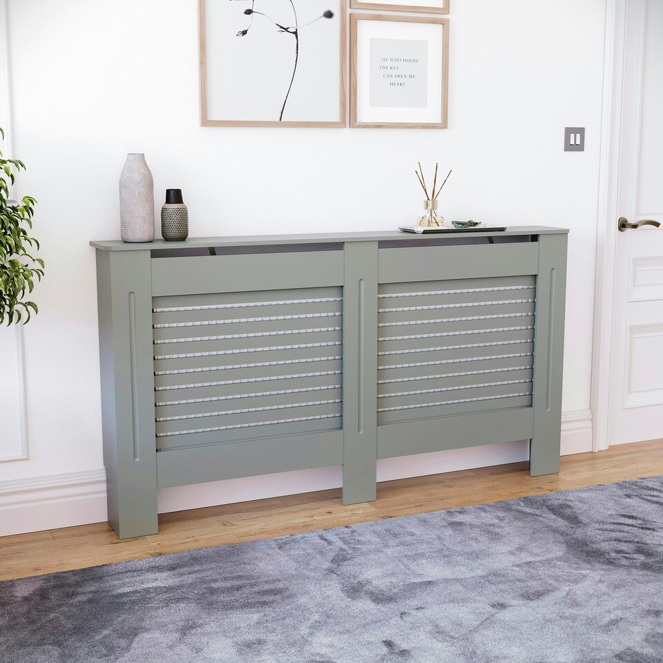 image 1 of Vida Designs Milton Radiator Cover Painted MDF Slatted Cabinet, Grey, 152cm