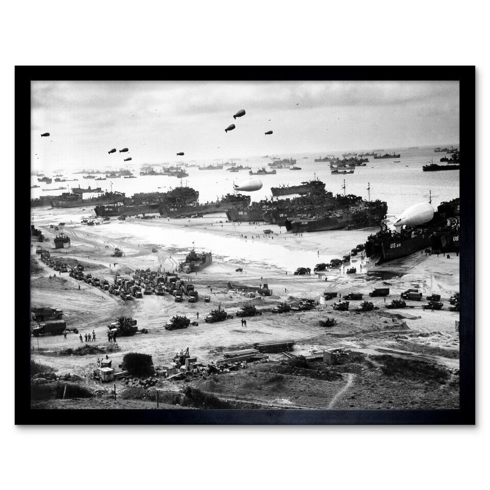 image 1 of WWII War US Landing Ships Omaha Beach D-day 1944 Framed Wall Art Print