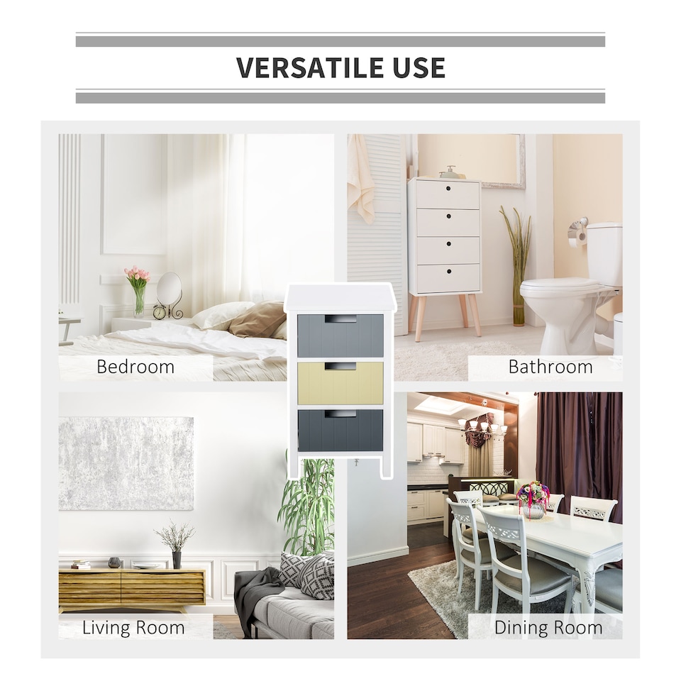 image 1 of HOMCOM 3 Drawer Storage Tower, Dresser Chest with Wood Top, Organiser Unit for Closets Bedroom Nursery Room Hallway