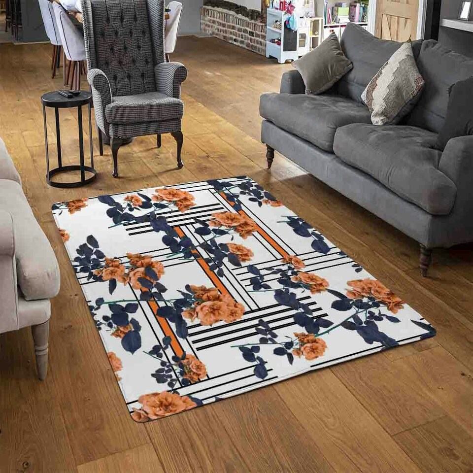 image 1 of Geometric Lines & Flowers (Rug) Multi | Large: 140x200cm