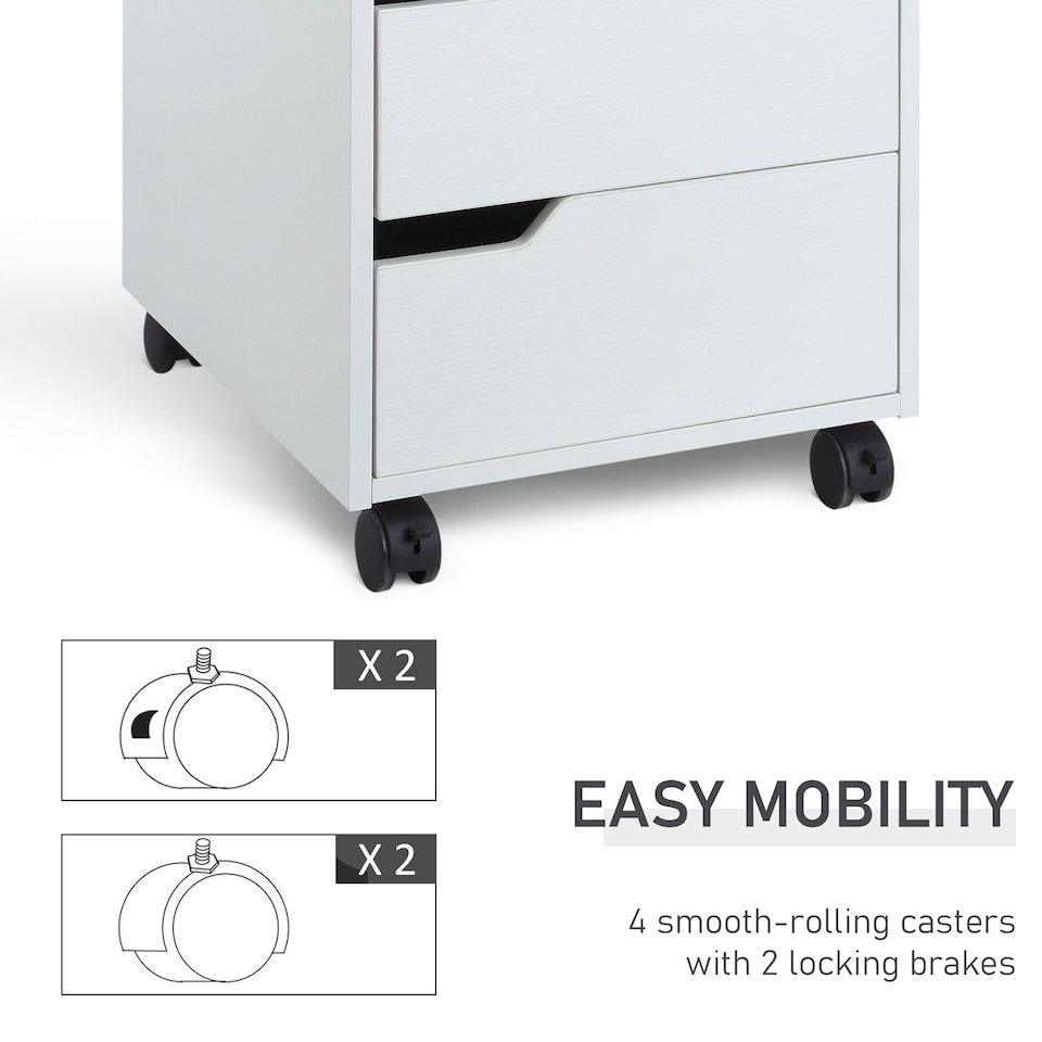 image 1 of MDF Mobile File Cabinet w/ 3 Drawers Locking Wheels Metal Rails Oak Tone White