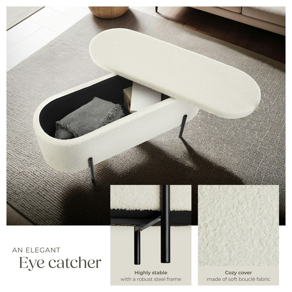 image 1 of Hallway Bench Lanja - upholstered, cushioned, built-in-storage, 97 x 36 x 42 cm Cream | Boucle Cream-White