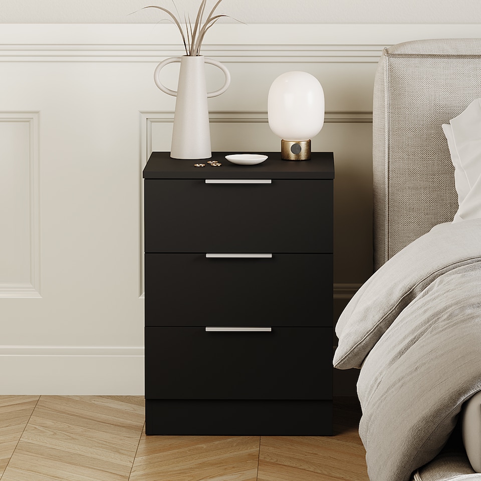image 1 of Vida Designs Trega 3 Drawer Bedside Chest Bedroom Storage Unit, (H) 50cm x (W) 39cm x (D) 28cm, Black