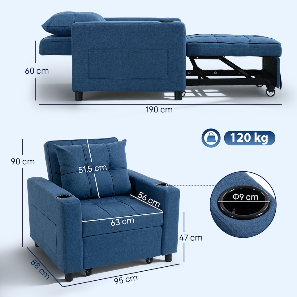 image 1 of HOMCOM 3-in-1 Single Sofa Bed, Convertible Sleeper Chair with Adjustable Backrest, Fabric Pull Out Chair Bed with Pillow, Side Pockets and Cup Holders for Living Room, Bedroom, Dark Blue | Blue
