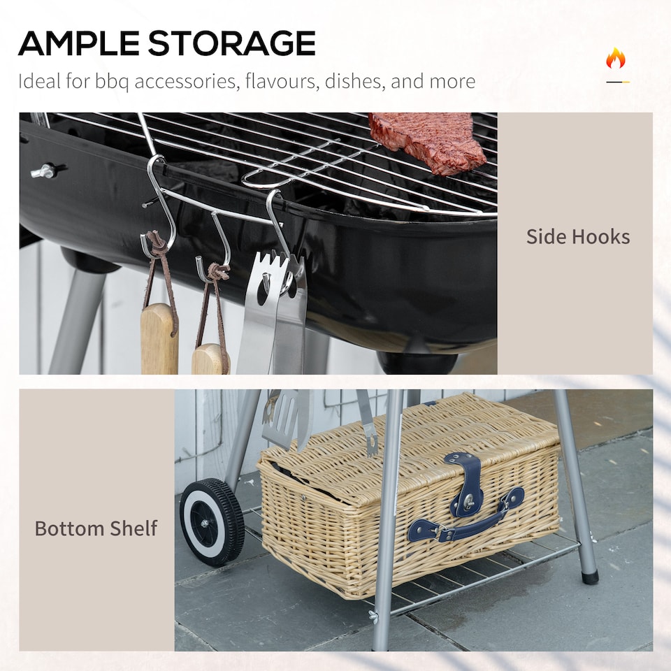 image 1 of Outsunny BBQ Charcoal Smoker Grill Trolley with 2 Wheels and Grilling Utensils