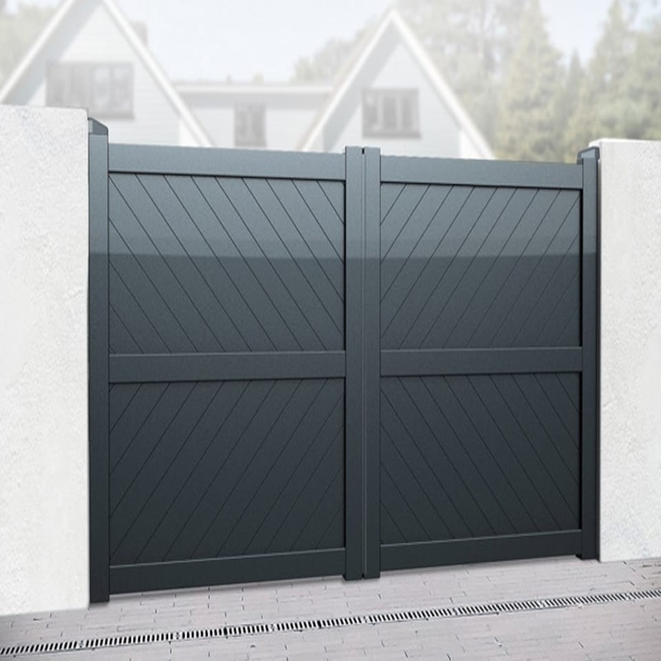 image 1 of Double Swing Gate 3750x2200mm Grey - Diagonal Solid Infill and Flat Top Grey