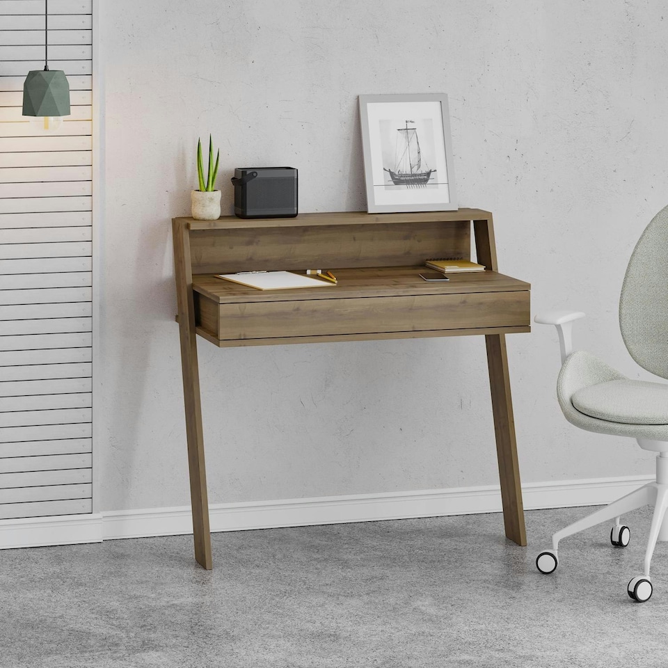 image 1 of Cowork Modern Desk Dark Oak Wall Mounted With Drawer 94cm Wide Brown