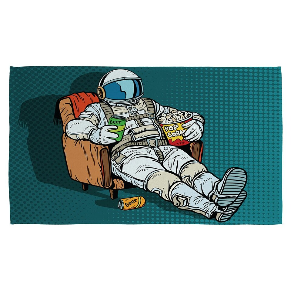 image 1 of Astronaut the audience with beer and popcorn sitting in a chair. loneliness in space. Pop art retro (Kitchen Towel)