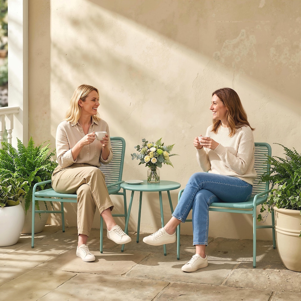 image 1 of Outsunny Rattan Bistro Set with 2 Chairs & Round Table for Patio | Green | Green | 58 x 67 x 75 cm (chair), 46 x 46 x 46 cm (table)