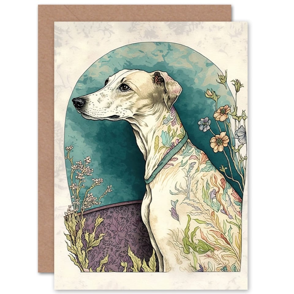 image 1 of Dog Lover Whippet Modern Boho Flowers Pet Portrait Greeting Card