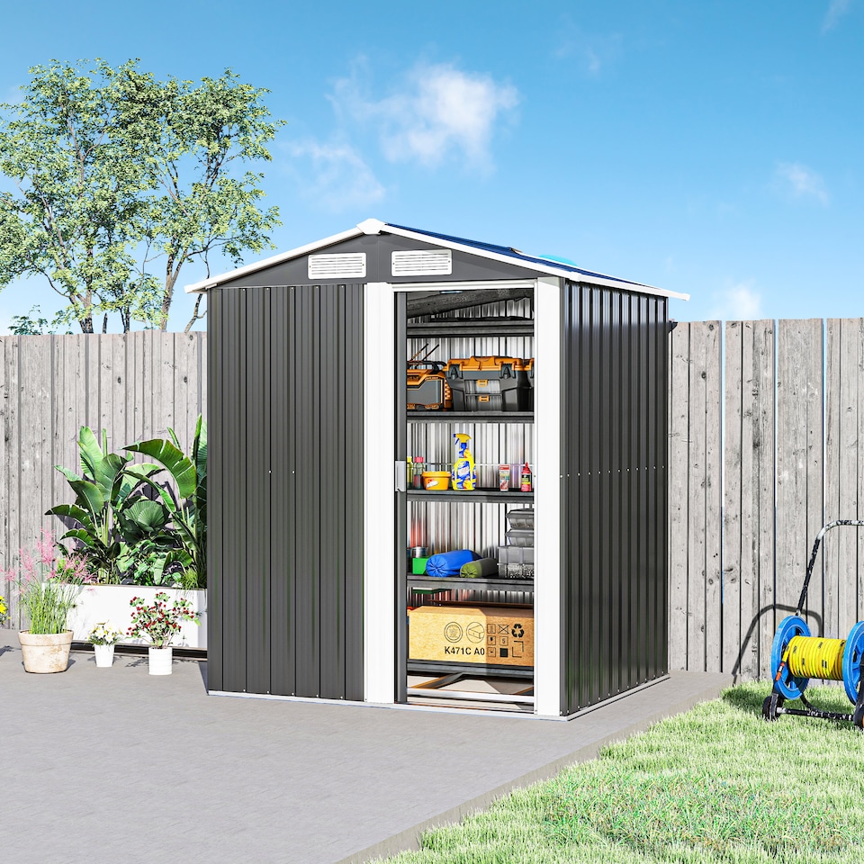 image 1 of Outsunny 5ft x 4ft Garden Metal Storage Shed, Tool Storage Shed with Sliding Door, Sloped Roof and Foundation Kit for Garden, Patio, Lawn, Grey