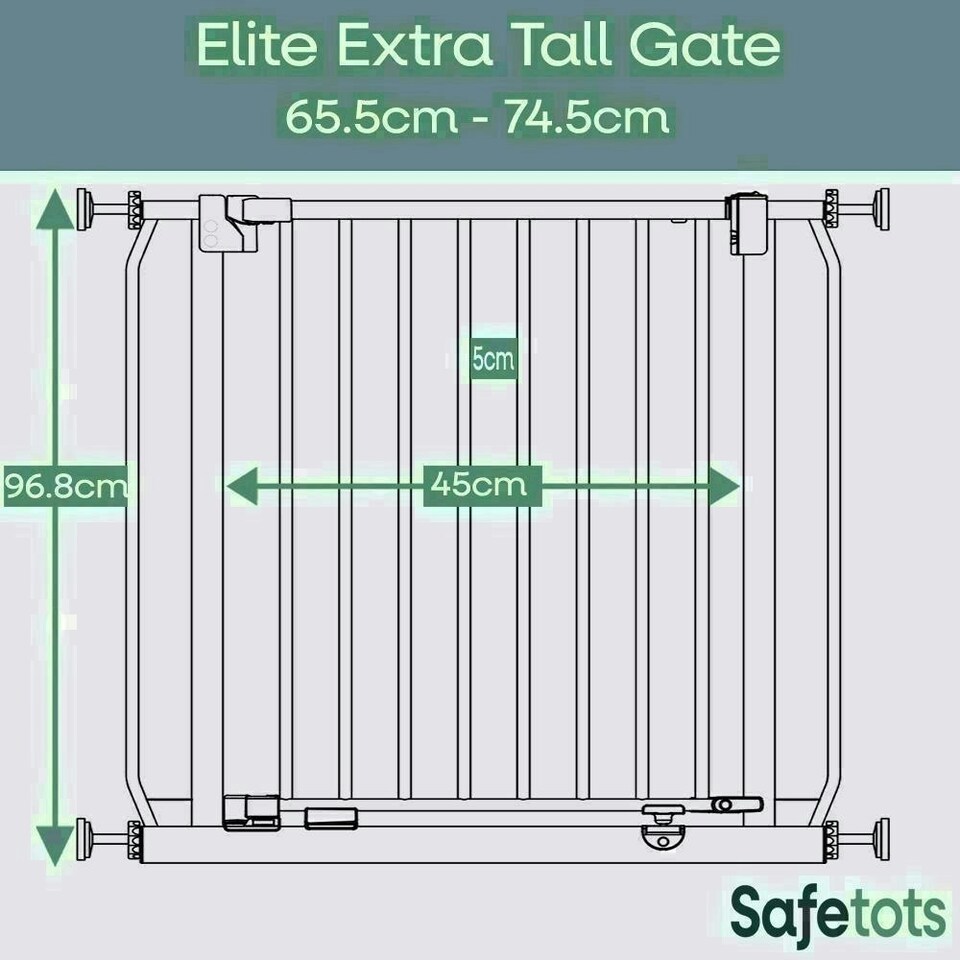 image 1 of Safetots Extra Tall Elite Safety Gate, 65.5cm - 74.5cm, Matt White, Extra Tall 96.8cm in Height, Pressure Fit Stair Gate