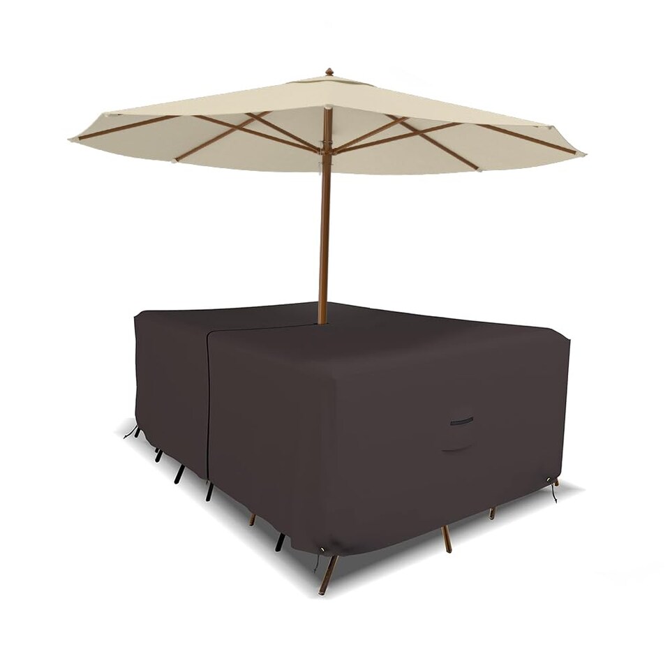 image 1 of Covers&All Rectangle Table & Chair Set Cover, Umbrella Hole, 12 Oz Waterproof UV & Weather Resistant, 108 in L x 82 in W x 23 in H, Coffee