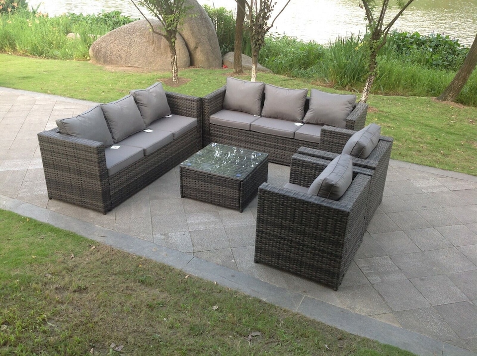 Fimous 8 Seater Outdoor Rattan Garden Furniture Lounge Sofa Chair Table Set In Dark Grey