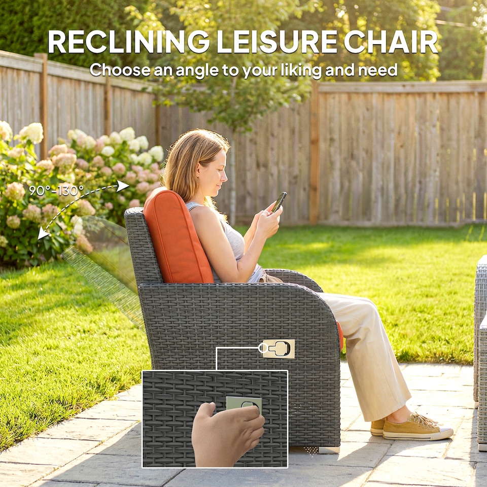 image 1 of Outsunny Rattan Garden Furniture Set with Recliners, Footstools, Orange