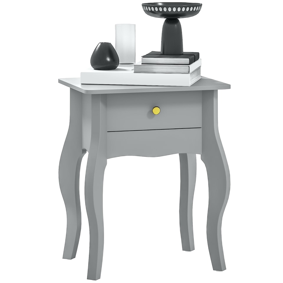 image 1 of HOMCOM French Style Side Table with Drawer, End Table with Curved Legs, Bedside Table for Living Room, Bedroom, Grey