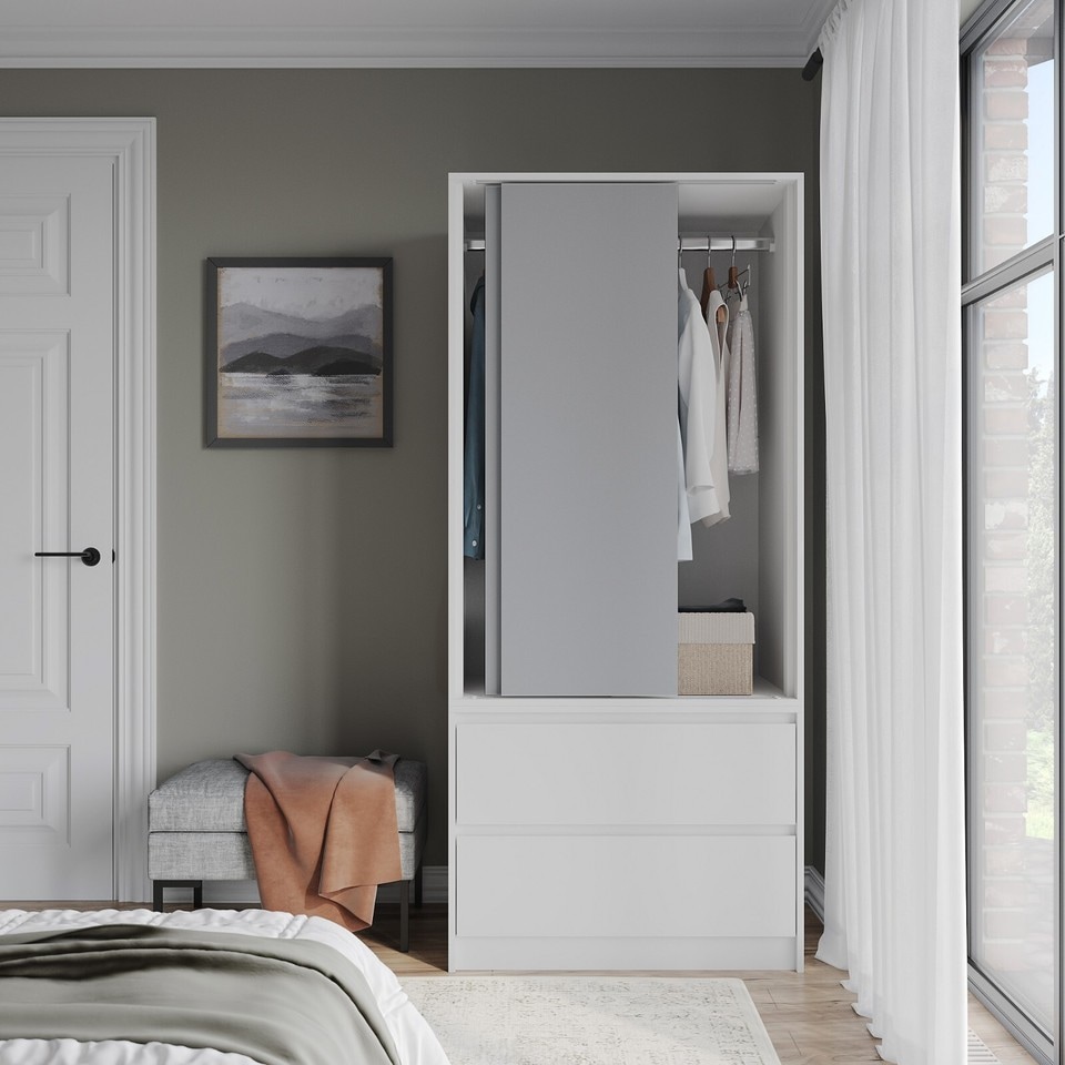 image 1 of URBNLIVING 2 Sliding Door Wardrobe With 2 Drawers And Hanging Rail | White | Grey Doors | 1