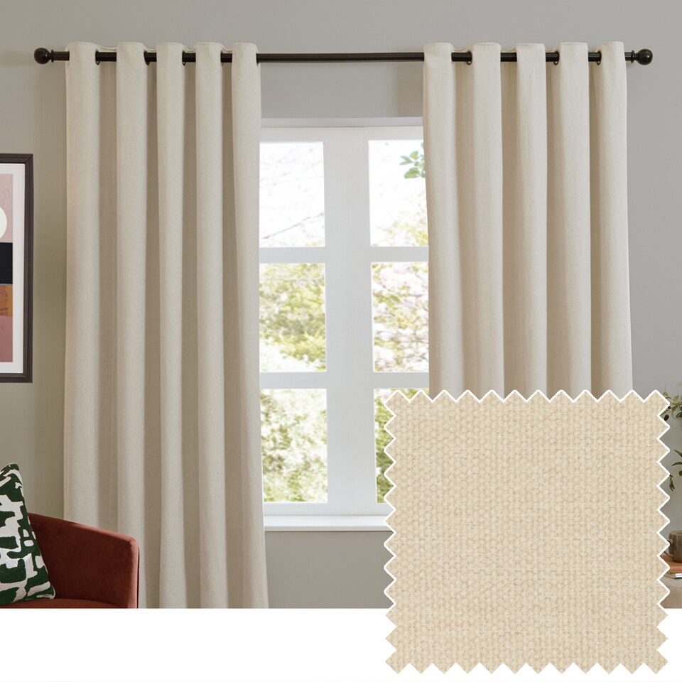 image 1 of Furn Soft Chenille Blackout Eyelet Curtain Pair, 168cm width x 183cm drop | Cream | Ecru | 1