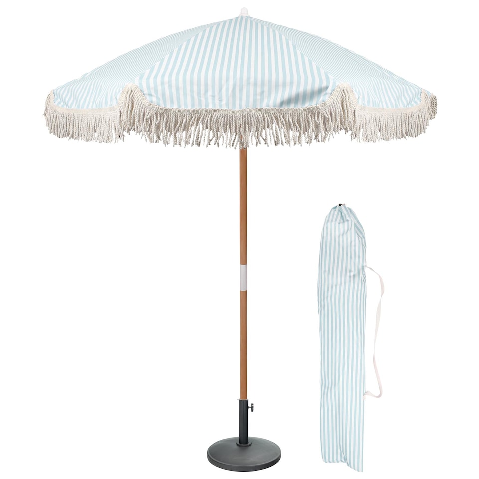 image 1 of Harbour Housewares Tassel Fringed Wooden Garden Parasol & Base Set - 1.4M - Pastel Blue Stripe | Blue | Pastel Blue Stripe