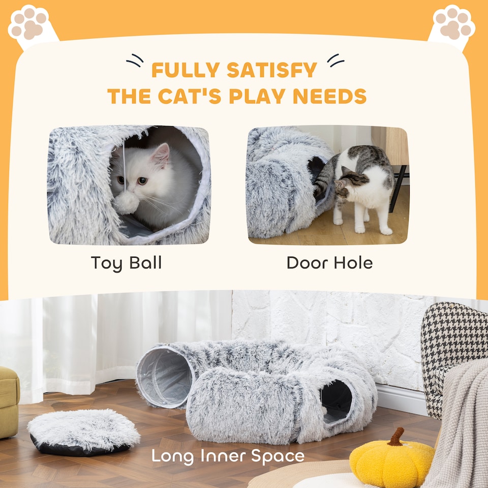 image 1 of PawHut Cat Tunnel for Indoor Cats, 90cm Large Donut Play Tunnel Bed with Washable Cushion, Toy Ball and Door Hole, Pet Play Rabbit Tube Toy, Light Grey